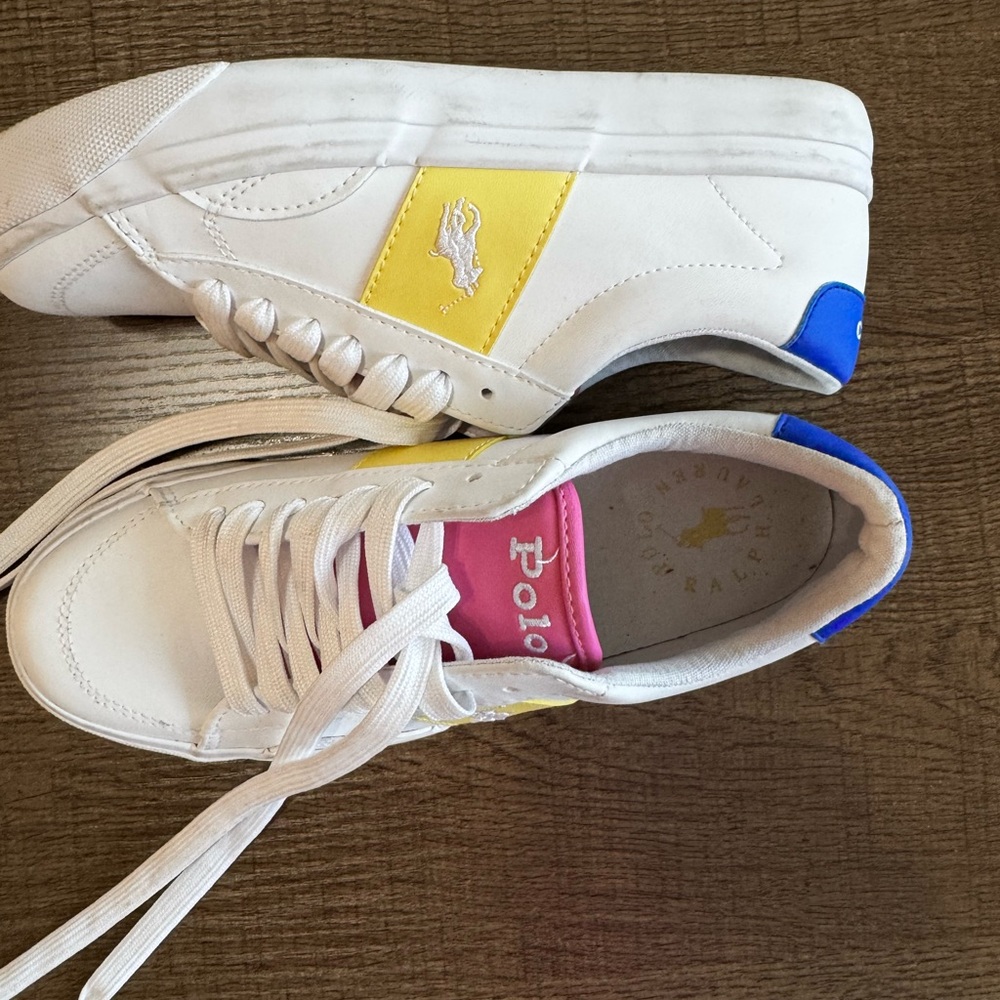 Polo Ralph Lauren Kids White Leather Sneakers with Yellow & Blue Accents
